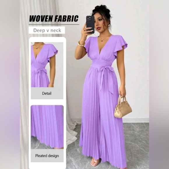 Women V-Neck Ruffled Sleeve Pleated Wide Leg Jumpsuit With Waist Cincher - Picture 5 of 5